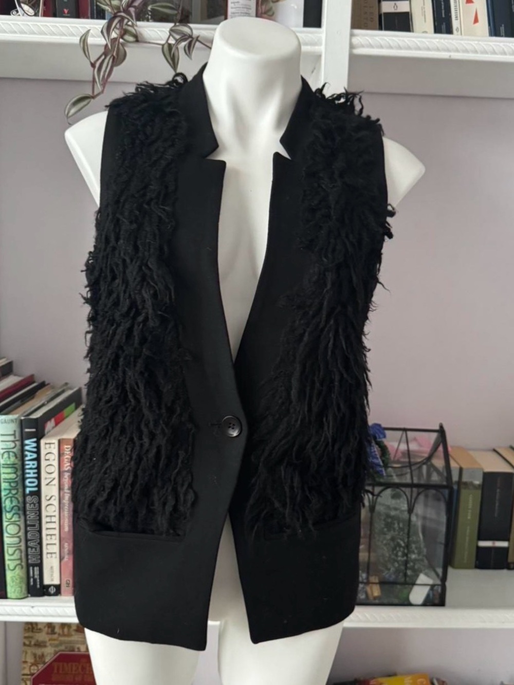 BCBGMaxAzria Black Faux-Shearling Panel Vest